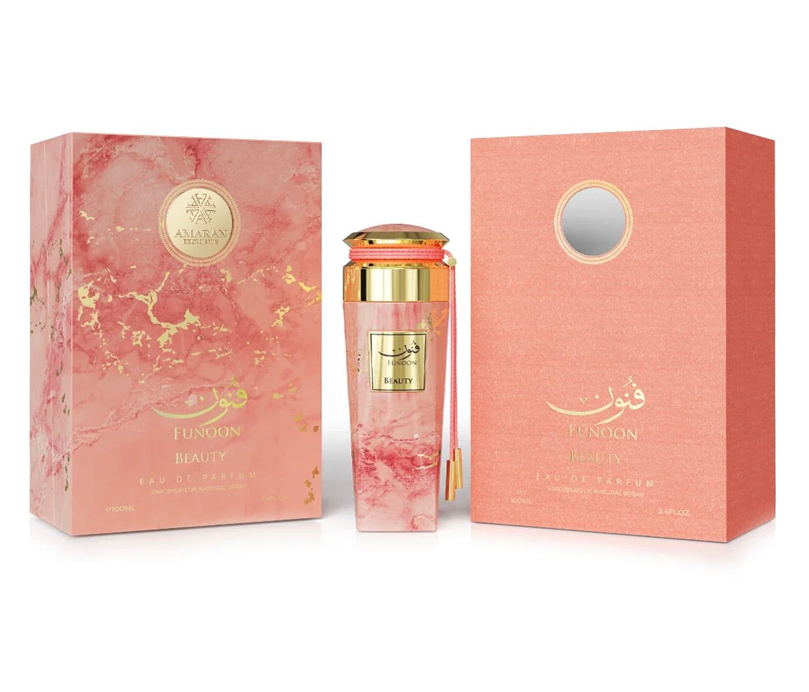 Amaran Funoon Beauty Eau de Parfum 3.4 fl oz / 100 ml - Elegant Women's Perfume with Passion Fruit, Peach, Strawberry, Jasmine, Caramel, Vanilla & Musk Notes