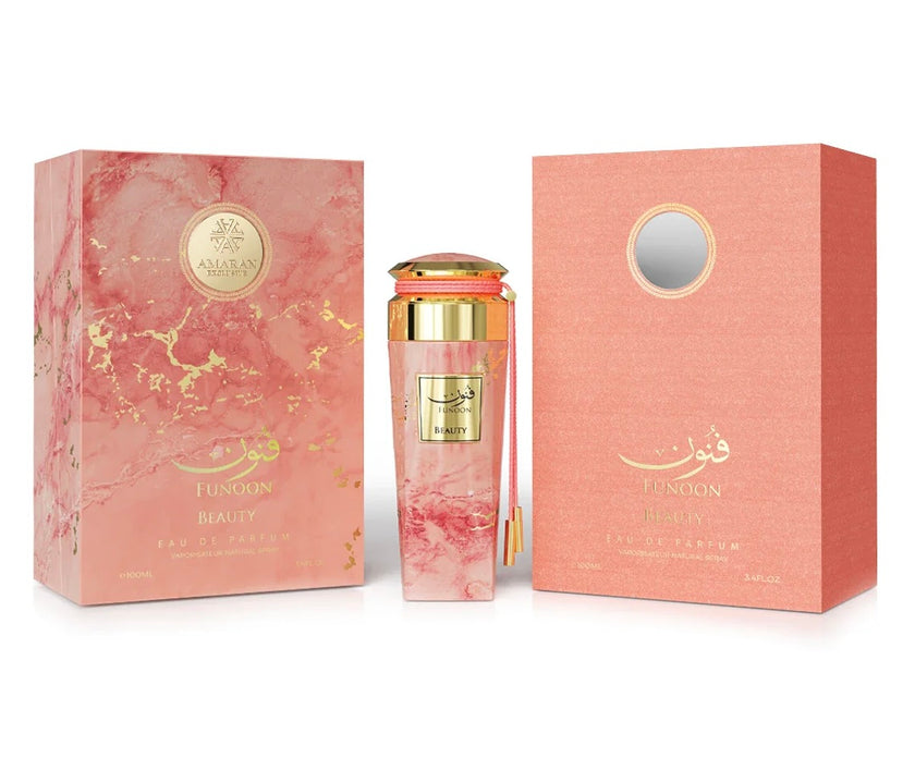 Amaran Funoon Beauty Eau de Parfum 3.4 fl oz / 100 ml - Elegant Women's Perfume with Passion Fruit, Peach, Strawberry, Jasmine, Caramel, Vanilla & Musk Notes