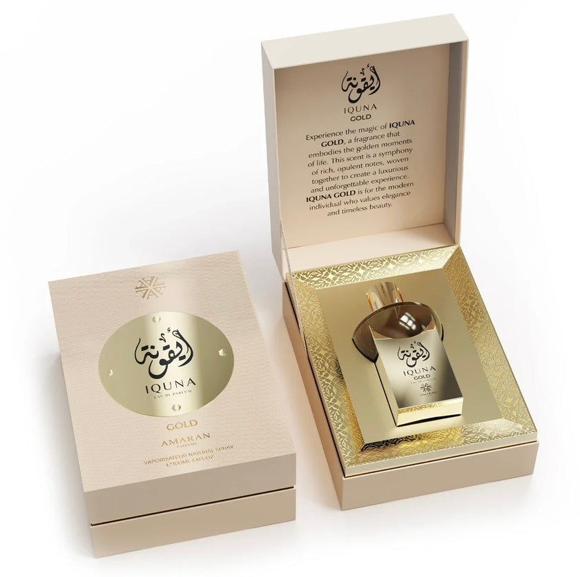 Amaran Iquna Gold Eau de Parfum 3.4 fl oz / 100 ml - Luxurious Women's Perfume with Vanilla, Lavender, Cacao, Ginger, Honeysuckle, Musk & Amber Notes