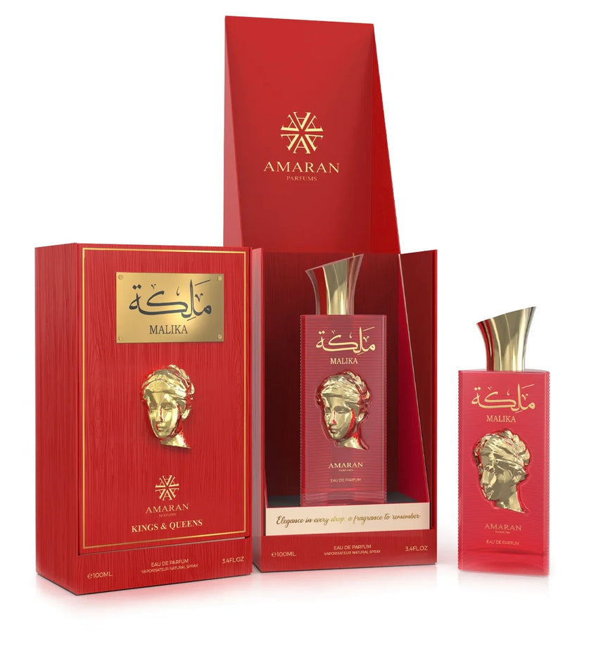Amaran Kings & Queens Malika Eau de Parfum 3.4 fl oz / 100 ml - Elegant Women's Perfume with Caramel, Black Currant, Tangerine, Gardenia, Lily, Vanilla & Sandalwood Notes