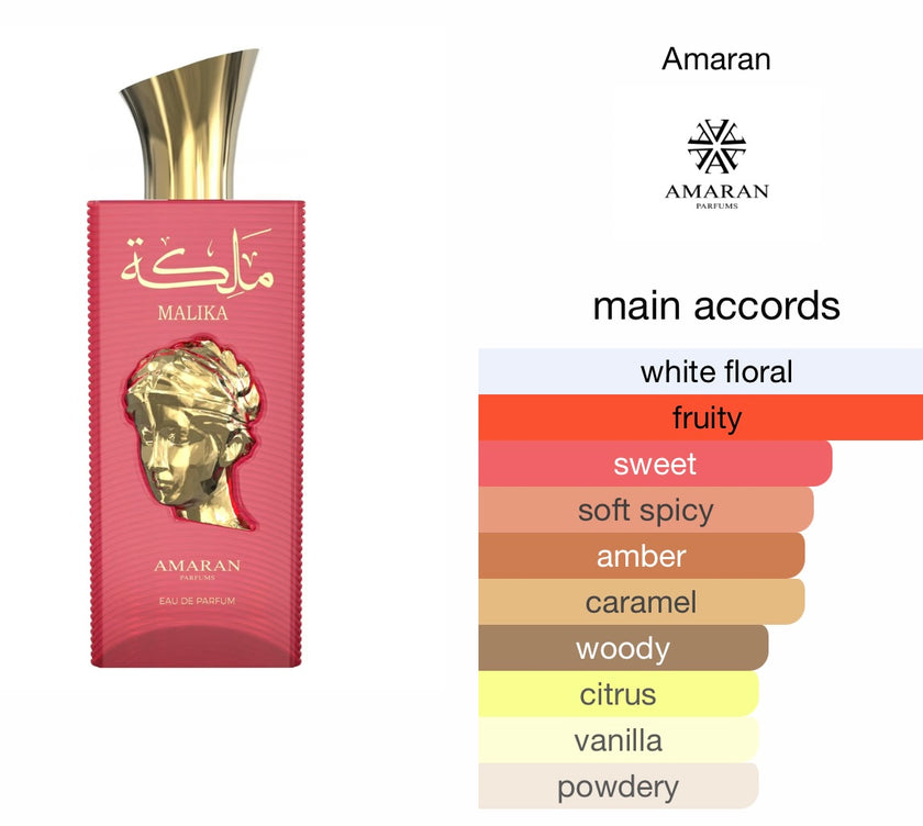 Amaran Kings & Queens Malika Eau de Parfum 3.4 fl oz / 100 ml - Elegant Women's Perfume with Caramel, Black Currant, Tangerine, Gardenia, Lily, Vanilla & Sandalwood Notes