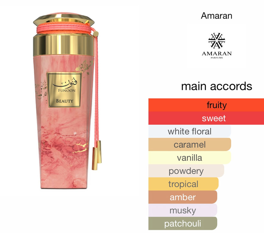 Amaran Funoon Beauty Eau de Parfum 3.4 fl oz / 100 ml - Elegant Women's Perfume with Passion Fruit, Peach, Strawberry, Jasmine, Caramel, Vanilla & Musk Notes