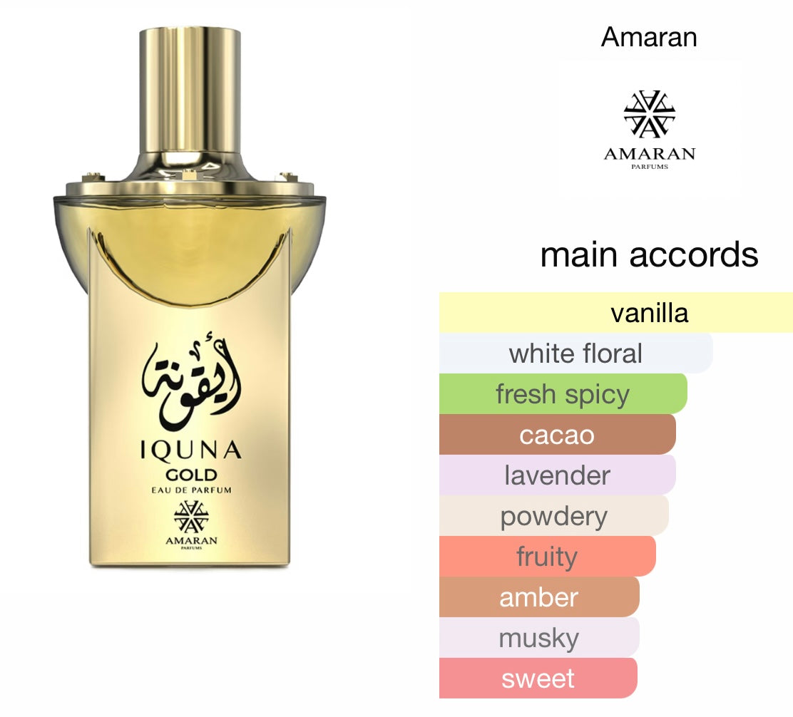 Amaran Iquna Gold Eau de Parfum 3.4 fl oz / 100 ml - Luxurious Women's Perfume with Vanilla, Lavender, Cacao, Ginger, Honeysuckle, Musk & Amber Notes