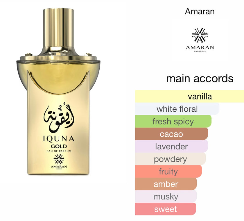 Amaran Iquna Gold Eau de Parfum 3.4 fl oz / 100 ml - Luxurious Women's Perfume with Vanilla, Lavender, Cacao, Ginger, Honeysuckle, Musk & Amber Notes