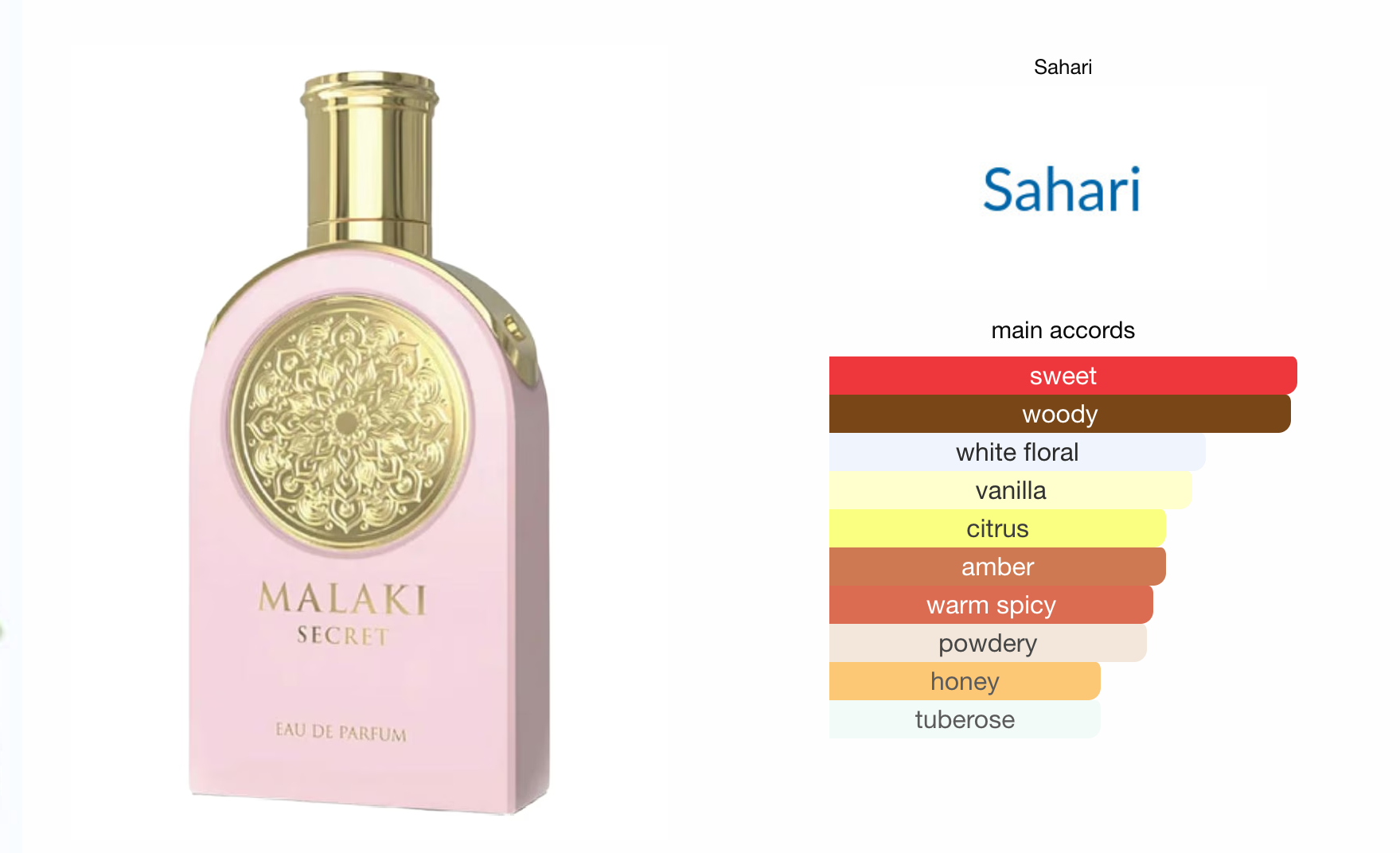Sahari Malaki Secret Eau de Parfum for Women 3.4 fl oz 100 ml Luxurious Floral Fruity Perfume with Tuberose Orange Blossom Honey & Sandalwood Long Lasting Fragrance