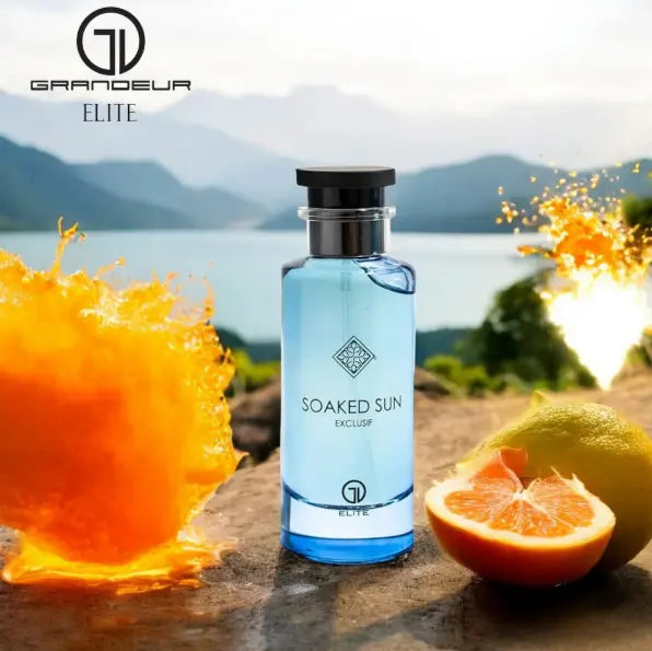 Grandeur Elite Soaked Sun EDP 3.4oz - Refreshing Citrus & Tropical Notes - Sandalwood & Amber Base - Summer Essence Perfume
