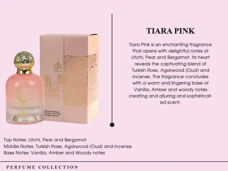 Al Wataniah Tiara Pink Eau de Parfum for Women 3.4oz 100ml Floral Fruity Oriental Scent with Rose Oud Vanilla Amber Long Lasting Elegant Fragrance